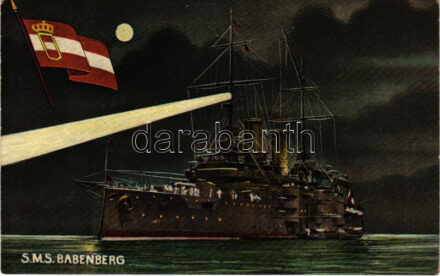 SMS Babenberg az Osztrák-Magyar Haditengerészet Habsburg-osztályú pre-dreadnought csatahajó este. G. Fano Pola, 1908/9. No. 25. / K.u.K. Kriegsmarine Linienschiffe am Nacht / WWI Austro-Hungarian Navy, SMS Babenberg pre-dreadnought battleship