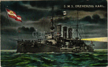 SMS Erzherzog Karl az Osztrák-Magyar Haditengerészet Erzherzog Karl-osztályú pre-dreadnought csatahajója este / K.u.K. Kriegsmarine am Nacht / WWI Austro-Hungarian Navy, Erzherzog Karl-class pre-dreadnought battleship at night. G. Fano Pola