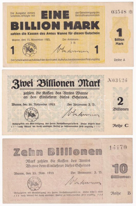 Német Birodalom / Weimari Köztársaság / Wanne 1923. 1.000.000.000.000M + 2.000.000.000.000M + 10.000.000.000.000M T:AU-F / German Empire / Weimar Republic / Wanne 1923. 1.000.000.000.000M + 2.000.000.000.000M + 10.000.000.000.000M C:AU-F