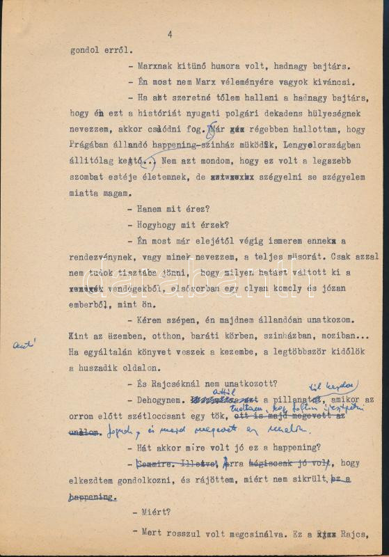 cca 1960 Örkény István (1912-1979) író saját kezű javításaival ellátott Happening c. művének gépelt kézirata 5 lapon. - Image 4