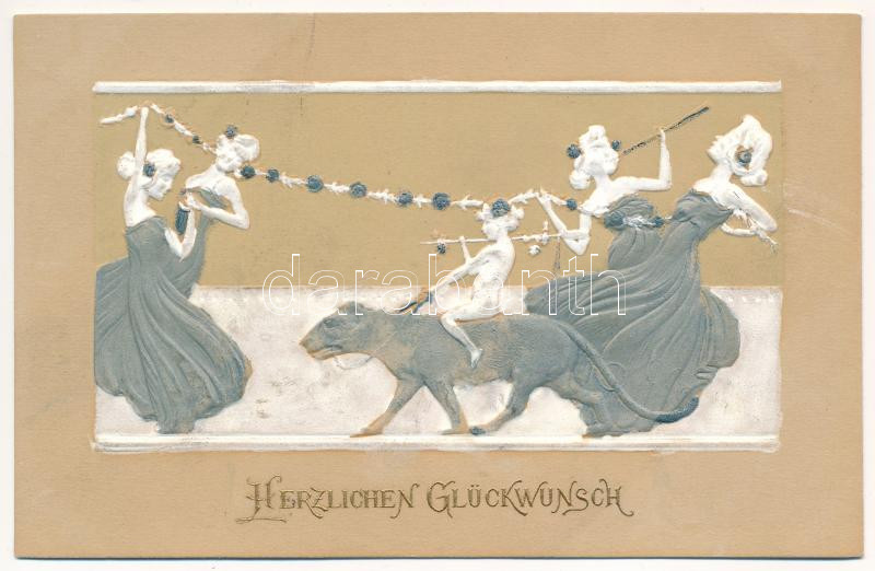 Herzlichen Glückwunsch. Raphael Tuck & Sons 'Glückwunsch' Serie 'Copenhague' No. 403. B. Embossed Art Nouveau litho, unsigned Raphael Kirchner (r)