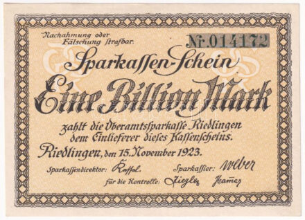 Németország / Weimari Köztársaság / Riedlingen 1923. 1.000.000.000.000M T:AU kis ragasztásnyom / Germany / Weimar Republic / Bingen 1923. 1.000.000.000.000 Mark C:AU small gluemark