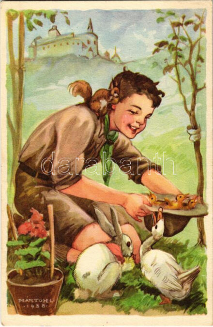 A cserkész szereti a természetet, jó az állatokhoz és kíméli a növényeket. Cserkész levelezőlapok kiadóhivatala / Hungarian boy scout art postcard s: Márton L.