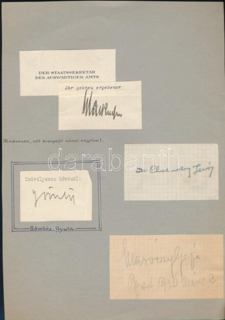 Hans Georg von Mackensen német nagykövet, Gömbös Gyula miniszterelnök, dr. Cholnoky Jenő földrajztudós, Maróczy Géza sakkozó autográf aláírásai album lapon