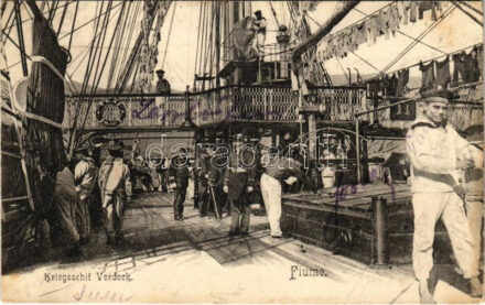 1903 Fiume, Rijeka; Kaiserliche Marine, Kriegsschiff Verdeck / Német Császári Haditengerészet matrózai az SMS Moltke korvett fedélzetén. Divald Károly 474. sz. / SMS Moltke Bismarck-class corvette of the Imperial German Navy, mariners on