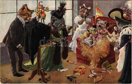 Vergebliche Liebesmühe / Macska szülinap / Cat birthday. T.S.N. Serie 1602. (6 Muster) s: Arthur Thiele (EK)
