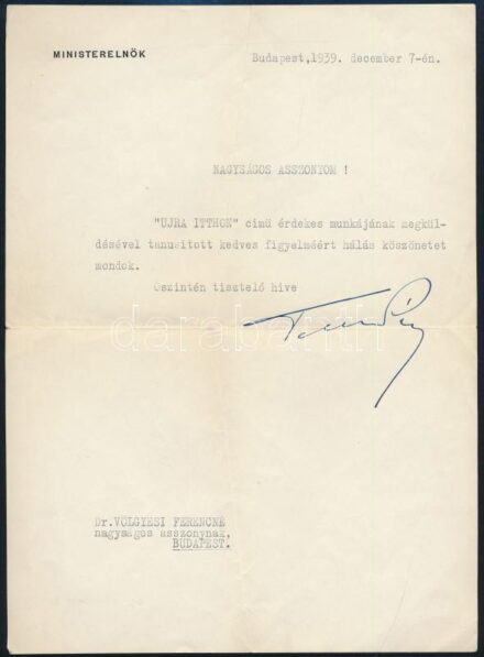 1939 Teleki Pál (1879-1941) miniszterelnök autográf aláírása hivatalos köszönő levélen