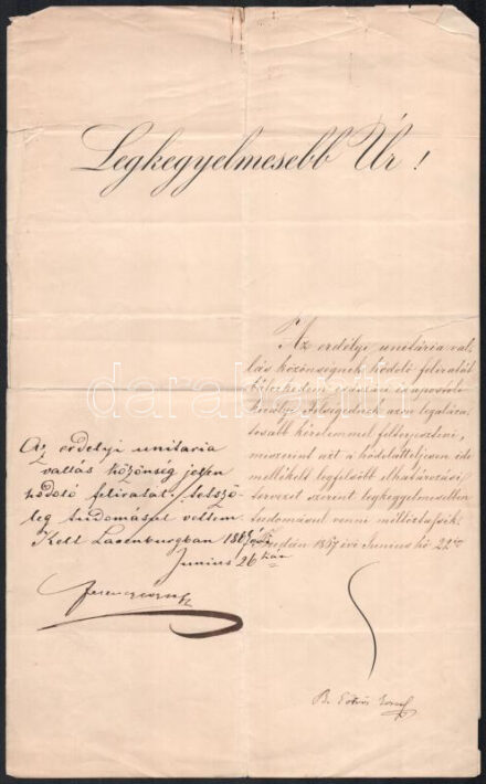1867 Ferenc József császár és király és Báró Eötvös József (1813-1871) jogász, író, vallás- és közoktatásügyi miniszter, a Magyar Tudományos Akadémia elnöke (1866-1871) autográf aláírással ellátott hivatali okmánya, az