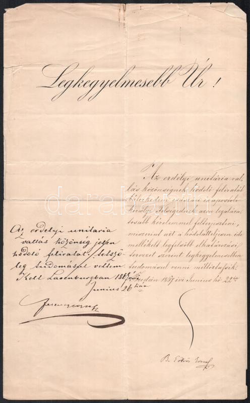 1867 Ferenc József császár és király és Báró Eötvös József (1813-1871) jogász, író, vallás- és közoktatásügyi miniszter, a Magyar Tudományos Akadémia elnöke (1866-1871) autográf aláírással ellátott hivatali okmánya, az