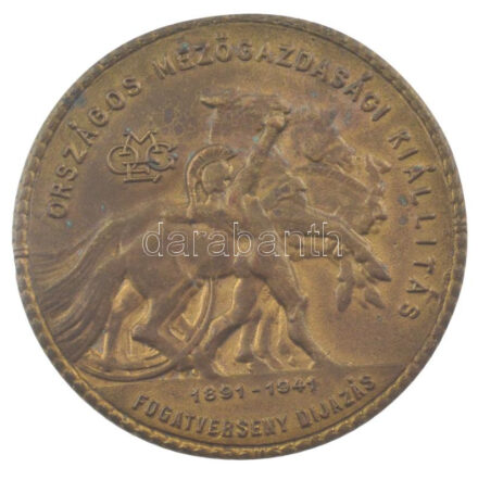 1941. 'Országos Mezőgazdasági Kiállítás OMGE (Országos Magyar Gazdasági Egyesület) 1891-1941. Fogatverseny díjazás' bronz díjérem, hátoldalán 'négyes fogatok díjhajtási versenye 2. díj' gravírozással (67mm) T:AU patina
