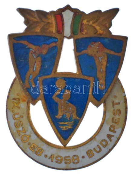1958. 'IX. Úszó EB 1958. Budapest' zománcozott fém jelvény (34x25mm) T:VF a tű letört, zománchiba
