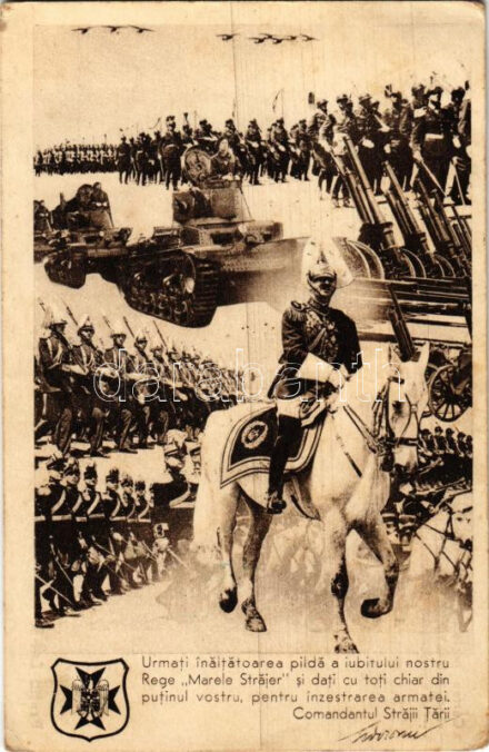1940 Comandantul Strajii Tarii / Romániai katonai propaganda lap a Straja Tarii paramilitáris ifjúsági szervezet kiadásában / Romanian paramilitary youth organization propaganda card + '1940 Máramarossziget visszatért' So. Stpl (EK)