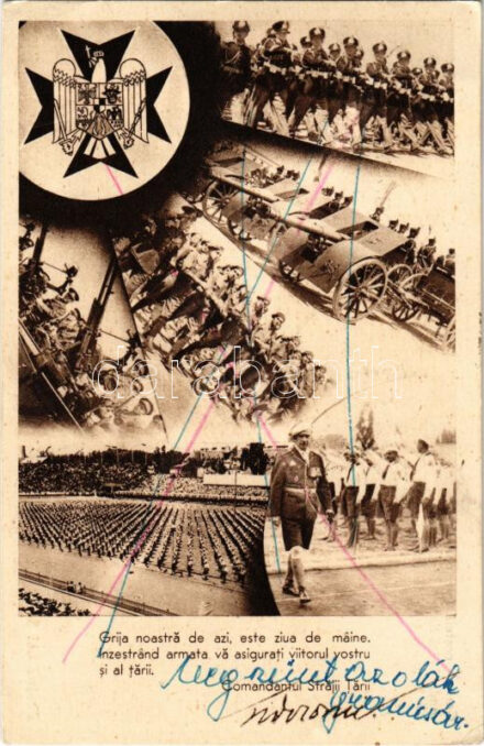 1940 Comandantul Strajii Tarii / Romániai katonai propaganda lap a Straja Tarii paramilitáris ifjúsági szervezet kiadásában / Romanian paramilitary youth organization propaganda card + '1940 Máramarossziget visszatért' So. Stpl (EK)