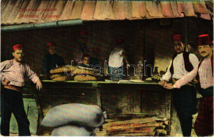 Bosanska pekara / Bosnische Bäckerei / Bosnyák sütöde / Bosnian bakery, folklore, traditional costume. W. L. Bp. 1910. No. 9. + 'K. und K. Milit. Post Bos. Brod' (EK)