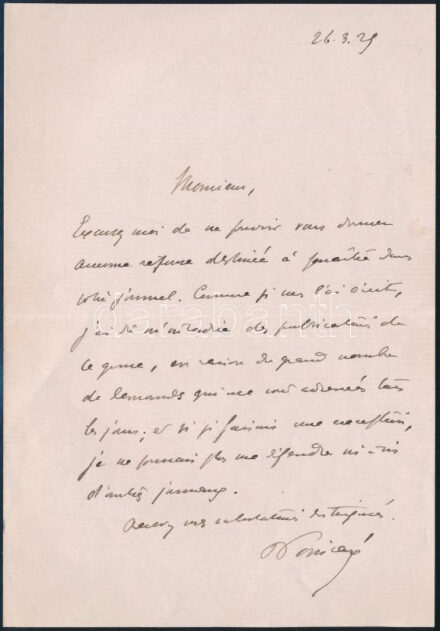 1927 Raymond Poincaré (1860-1934) francia államfő autográf levele Szentgyörgyi Ferenc, született Orsits Ferenc (1892-1948) író, újságírónak megkeresésére válaszul. Egy beírt oldal, borítékkal. / Autograph letter of Raymond Pincare
