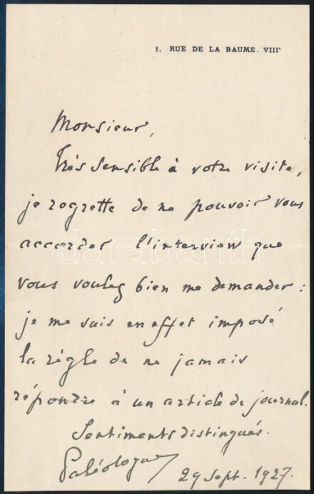 1927 Maurice Paléologue (1859-1944) francia diplomata, nagykövet, történész autográf levele Szentgyörgyi Ferenc, született Orsits Ferenc (1892-1948) író, újságírónak interjú megkeresésére válaszul. Egy beírt oldal,. / Autograph