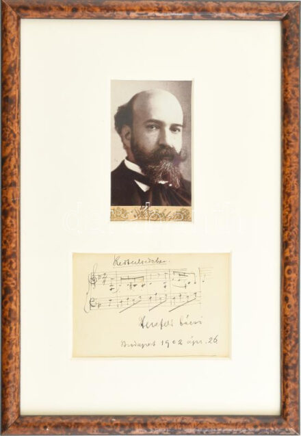 1902 Herzfeld Viktor lovag (Herzfeld Győző) (1856-1919) zeneszerző, hegedűművész, karmester, zenekritikus, a budapesti Zeneakadémia tanára dedikált fotója, valamint külön autográf kottás dedikációja üvegezett keretben Braun Paula