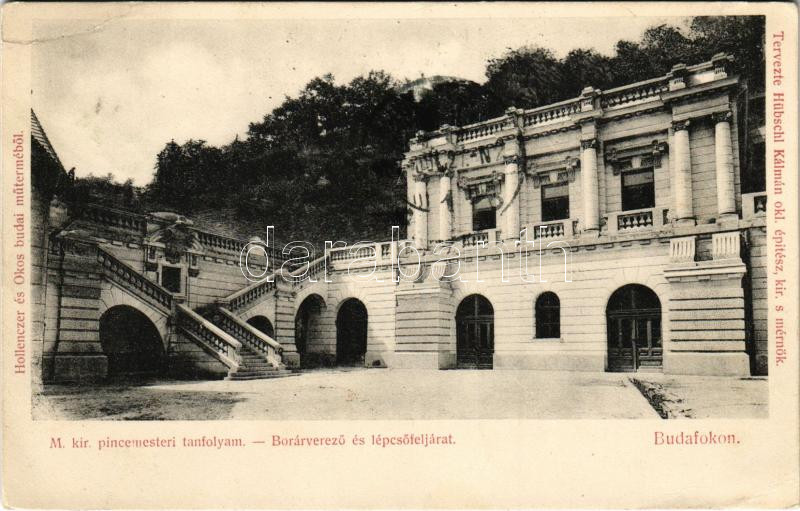 1907 Budapest XXII. Budafok, M. kir. pincemesteri tanfolyam, Borárverező és lépcsőfeljárat (EK)
