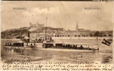 1908 SMS Szamos a Császári és Királyi Haditengerészet monitorja Pozsonyban. Dunaflottilla, Szolgáld ki magad kiadása / K.u.K. Kriegsmarine Donauflottille in Pressburg. Bediene dich allein / SMS Szamos Austro-Hungarian Navy river guard