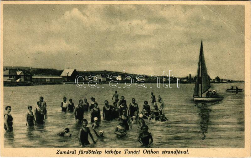 Zamárdi, Balatonzamárdi; fürdőtelep látképe Tanári Otthon strandjával, vitorlás, Gecse Rezső kiadása (EB)