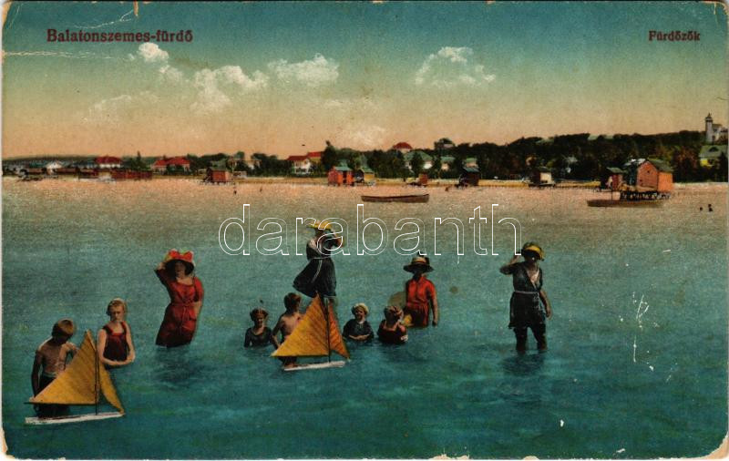 1917 Balatonszemes, Szemes; strand, fürdőzők (EB)