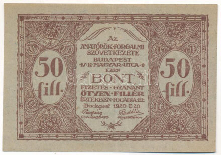 Budapest 1920. 50f 'Amatőrök Forgalmi Szövetkezete bón' T:F Adamo BUC-7.1
