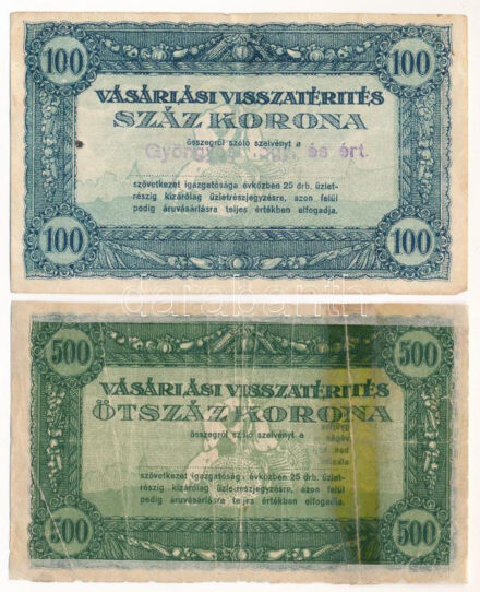 ~1920. 100K + 500K 'Vásárlási visszatérítés' T:F,VG egyik ragasztott