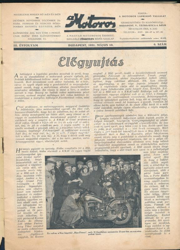 1931 A Motoros, Magyar Grand Prix III. évfolyam 6. szám, szakadással, 20p - Image 2