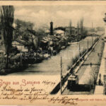 1899 (Vorläufer) Sarajevo, Quaipartie mit linken Ufer. Atelier Schädler / quay, tram (EB)