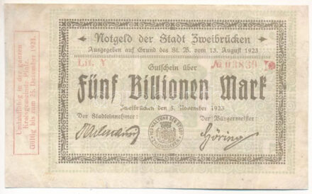 Németország / Weimari Köztársaság / Zweibrücken 1923. 5.000.000.000.000M T:F / Germany / Weimar Republic / Zweibrücken 1923. 5.000.000.000.000 Mark C:F