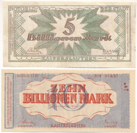 Németország / Weimari Köztársaság / Kaiserslautern 1923. 5.000.000.000.000M + 10.000.000.000.000M, mindkettő vízjeles papíron T:F,XF hajtatlan fo. / Germany / Weimar Republic / Kaiserslautern 1923. 5.000.000.000.000 Mark +