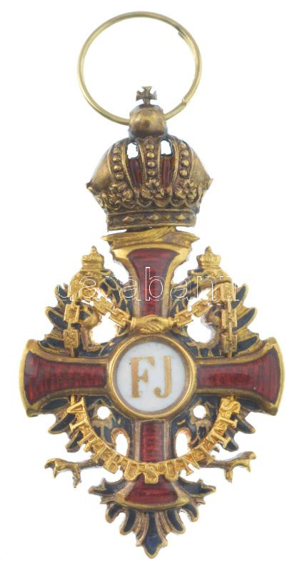 ~1916. Ferenc József-rend lovagkeresztjének jelzetlen Au, zománcozott miniatűrje (32x24mm) T:AU,XF hátlapon a jobboldali keresztszáron zománchiba / Austro-Hungarian Monarchy ~1916. Order of Franz Joseph, Knight's Cross miniature decoration,