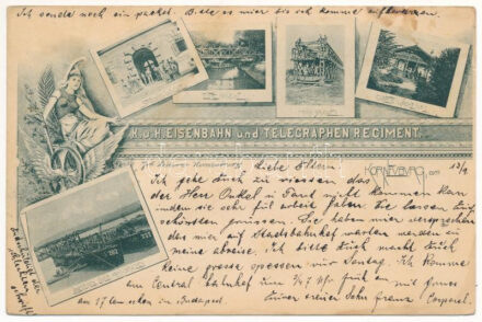 1899 (Vorläufer) Korneuburg, K.u.K. Eisenbahn und Telegraphen Regiment, Stations Wache, Kohn Brücke, Objects Wachen No. 1., Lancieren einer Kohnbrücke / Cs. és kir. vasúti és távirati ezred szecessziós katonai képeslap / Austro-Hungarian