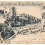 1901 K. und K. Eisenbahn- und Telegrafen Regiment, Betriebs-Detachement St. Pölten-Tulln, Gruss aus Korneuburg / Cs. és kir. vasúti és távirati ezred St. Pölten-Tulln-i műveleti különítménye, gőzmozdony, vonat, hajtány /