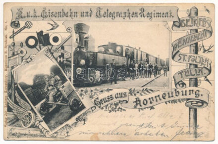 1901 K. und K. Eisenbahn- und Telegrafen Regiment, Betriebs-Detachement St. Pölten-Tulln, Gruss aus Korneuburg / Cs. és kir. vasúti és távirati ezred St. Pölten-Tulln-i műveleti különítménye, gőzmozdony, vonat, hajtány /