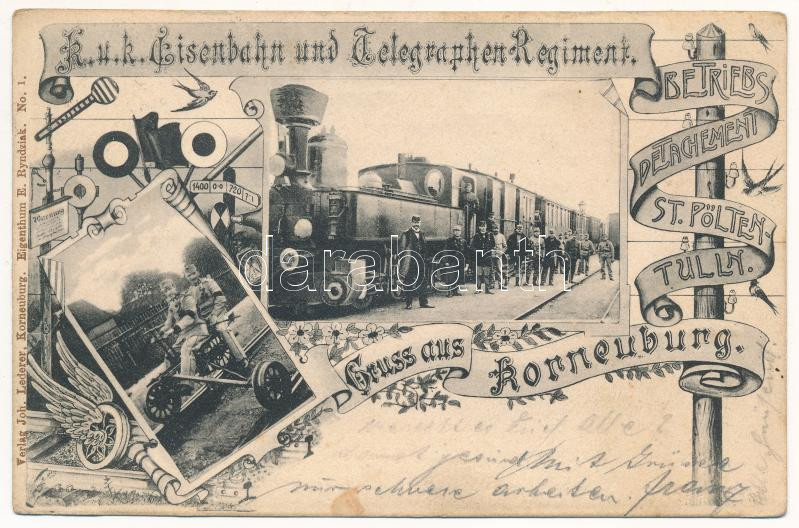 1901 K. und K. Eisenbahn- und Telegrafen Regiment, Betriebs-Detachement St. Pölten-Tulln, Gruss aus Korneuburg / Cs. és kir. vasúti és távirati ezred St. Pölten-Tulln-i műveleti különítménye, gőzmozdony, vonat, hajtány /