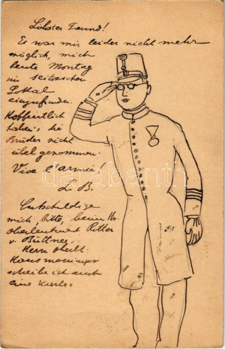1908 Kézzel rajzolt magyar katonai művészlap. Hager Emil cs. és kir. főhadnagynak címezve / Hungarian hand-drawn military art (EK)