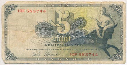 NSZK 1948. 5M '10F 585744' T:VG szakadás, folt FRG 1948. 5 Mark '10F 585744' C:VG tear, spot Krause P#13