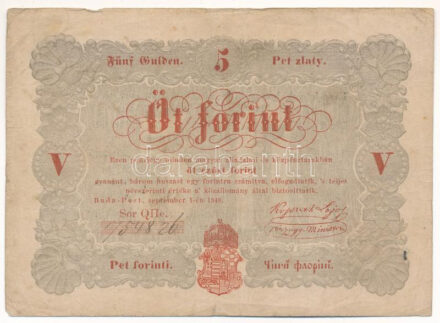 1848. 5Ft 'Kossuth bankó' vörösesbarna T:F folt, kis szakadás Adamo G109