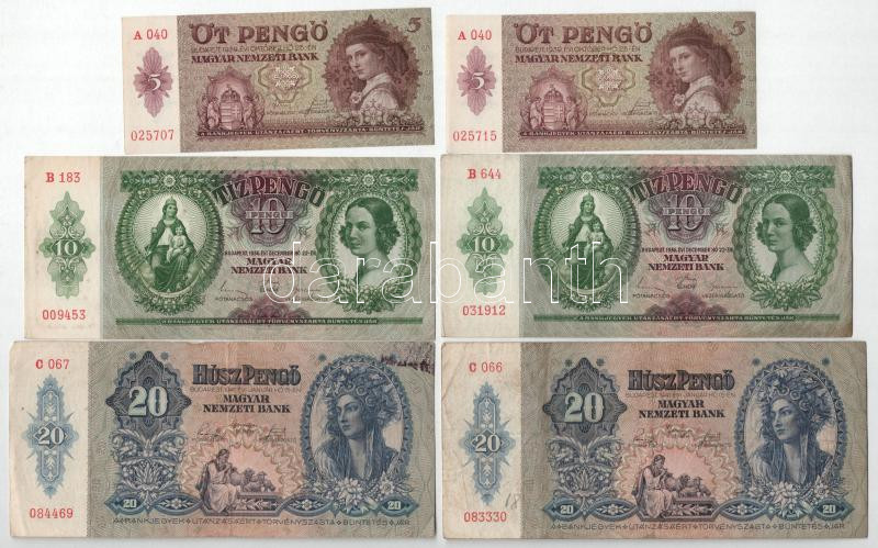 1936. 10P (2x) + 1939. 5P (2x) közeli sorszámokkal + 1941. 20P (2x) T:AU-F