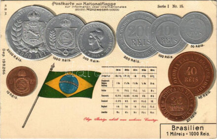 Brasilien. Postkarte mit Nationalflagge zur Information über internationales Münzwesen / Brazil pénzérmék és zászló. Dombornyomott arany és ezüst litho / Brazlian coins and flag. H.S.M. Serie I. Nr. 15. Art Nouveau, Embossed litho (EK)