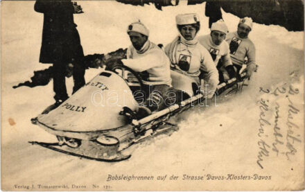 1906 Bobsleighrennen auf der Strasse Davos-Klosters-Davos / Bobszán verseny Davos-Klosters-Davos utcáin, téli sport / Bob sleigh race on the streets of Davos-Klosters-Davos, winter sport (EK)