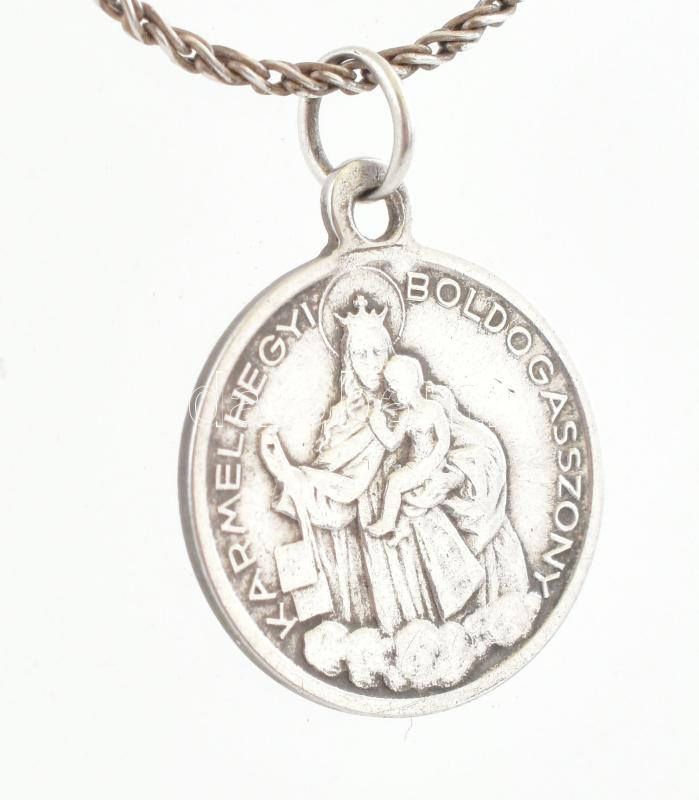 Ezüst(Ag) vékony csavart mintás nyaklánc, Mária medállal, jelzett, h: 50 cm, d: 1,4 cm, nettó: 3,7 g