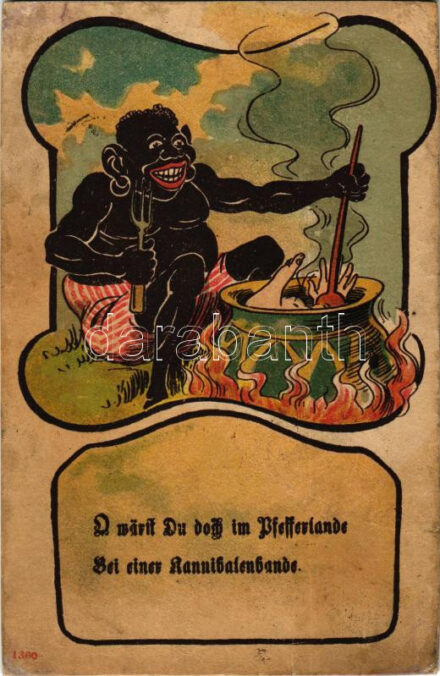 1909 Fekete kannibál főzi a fehér-ember ebédet / Black cannibal cooking the white-men lunch. Art Nouveau, humour litho (r)