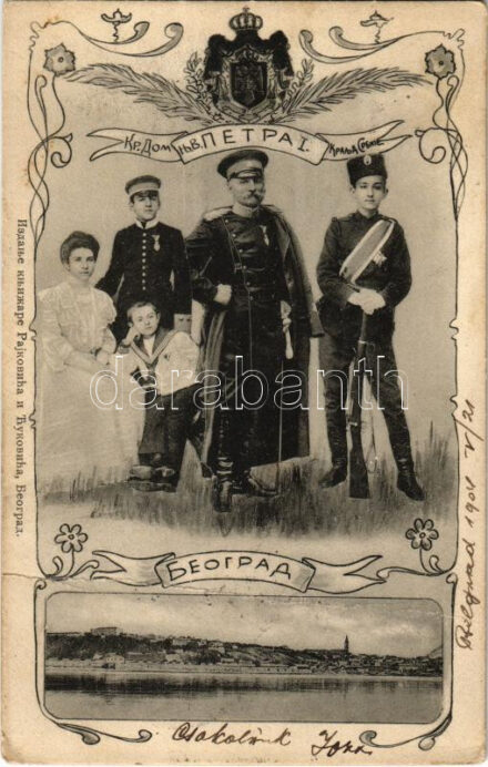 1904 I. Péter szerb király és családja. Szecessziós montázs Belgrád látképével / Peter I of Serbia and his family. Art Nouveau, floral montage with Belgrade (fa)