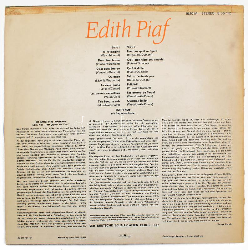 Edith Piaf - Edith Piaf, Vinyl, LP, Compilation, Reissue, Stereo, Német Demokratikus Köztársaság 1981 (A lemez VG+ állapotban van azonban a borító viseltes) - Image 2