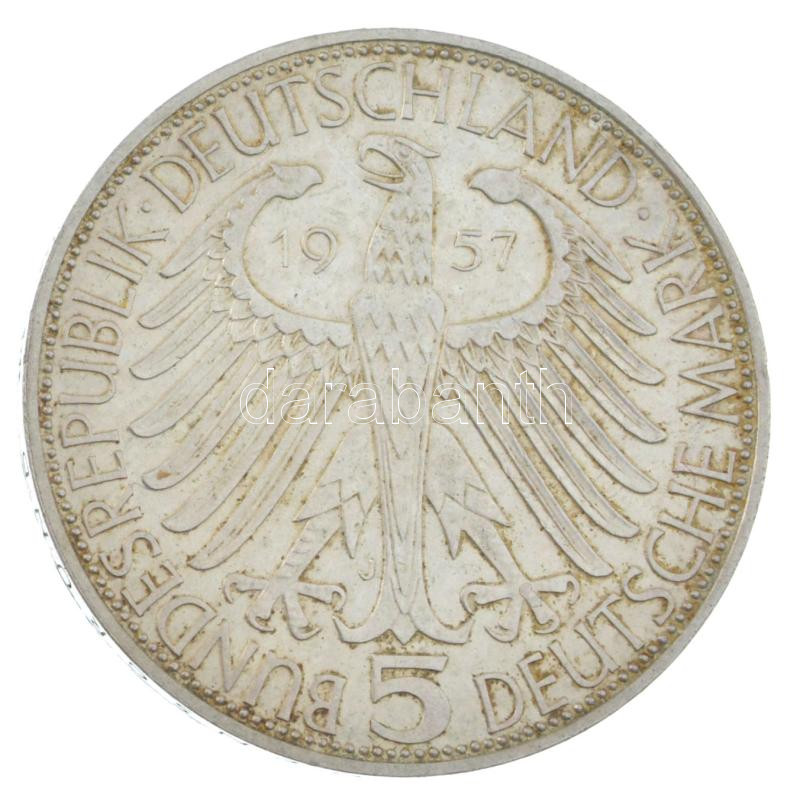 NSZK 1957J 5M Ag 'Joseph von Eichendorff halálának 100. évfordulója' T:AU patina, kis ph / FRG 1957J 5 Mark Ag 'Centennial - Death of Joseph von Eichendorff' C:AU patina, small edge error Krause KM#117