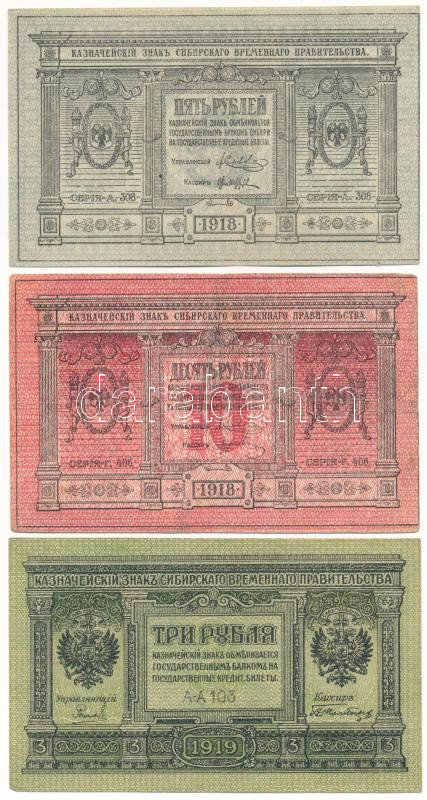 Oroszország / Polgárháború / Szibéria és Urál / Ideiglenes Szibériai Igazgatás 1918. 5R + 10R + 1919. 3R T:VF,F ragasztónyomok Russia / Civil War / Siberia and Urals / Provisional Siberian Administration 1918. 5 Rubles + 10 Rubles + 1919.