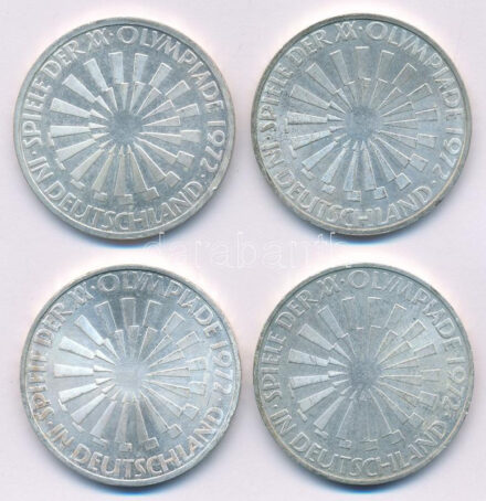 NSZK 1972. 10M Ag 'Nyári Olimpiai Játékok München / Spirál' (4xklf) 'D;F;G;J' verdejelekkel T:XF patina, ph FRG 1972. 10 Mark Ag 'Olympic Games Munich / Spiral' (4xdiff) with 'D;F;G;J' mintmarks C:XF patina, edge error Krause KM#131