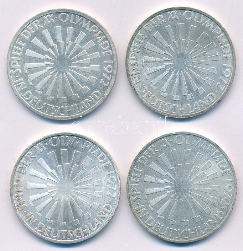 NSZK 1972. 10M Ag 'Nyári Olimpiai Játékok München / Spirál' (4xklf) 'D;F;G;J' verdejelekkel T:XF patina, ph FRG 1972. 10 Mark Ag 'Olympic Games Munich / Spiral' (4xdiff) with 'D;F;G;J' mintmarks C:XF patina, edge error Krause KM#131